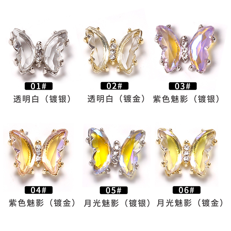 Red famosa nueva mariposa perforación joyas de manicura aleación tridimensional mariposa cristal permeación de hielo insins viento cristal mariposa perforación