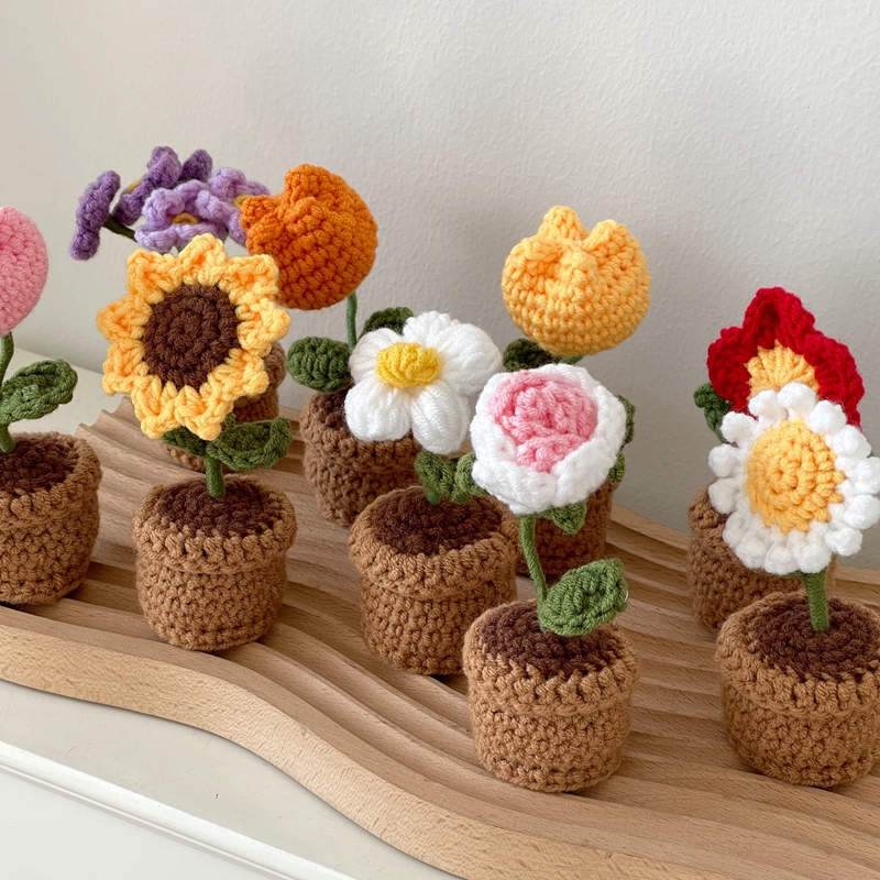 Tulipanes de ganchillo de lana terminados ramo en maceta de girasol decoración de mesa flor niña regalo graduación Pingju