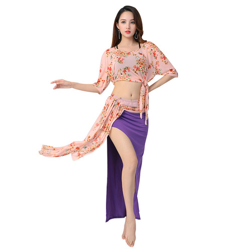 Summer Belly Dance Practice Suit New Style Bat Sleeve Slimming Large Size Floral Practice Performance Dress