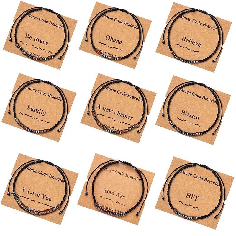 Temu Cross-Border Popular Morse Code European and American Creative Black Iron Stone Wood Chip Beaded Card Adjustable Couple Bracelet