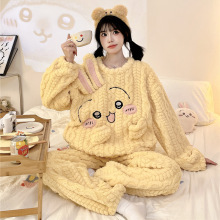 珊瑚绒睡衣冬季新款双长圆领麦穗花保暖柔软舒适睡衣可爱卡通绣花