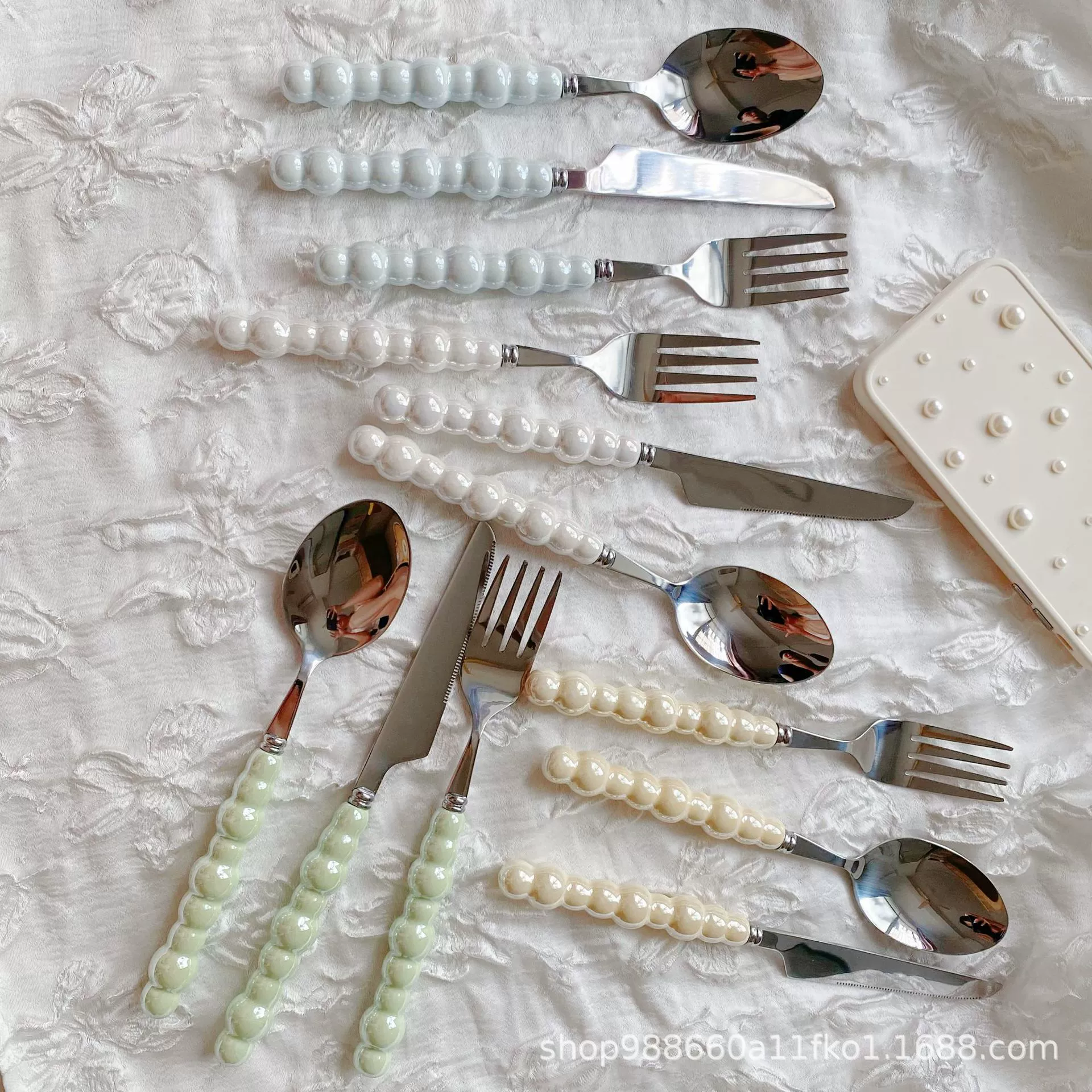 Ceramic tableware pearl stainless steel, set, spoon, fork, light luxury style, home decor