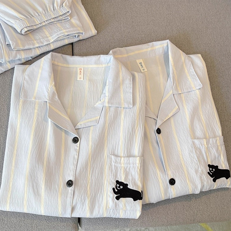 Nube de gato negro coreano de algodón para parejas pijamas de primavera y otoño para mujeres pantalones de manga larga cardigan para hombres ropa de hogar de verano