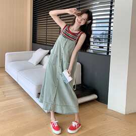 彩色条纹背心恤牛仔背带裙女夏季宽松休闲无袖连衣裙两件套