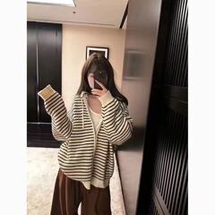 抽绳连帽条纹针织开衫女秋冬季韩版宽松百搭上衣外套软糯撞色百搭