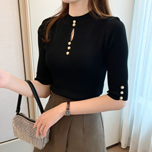 气质百搭夏季新款打底针织衫短袖女设计感小心机小众半高领上衣女