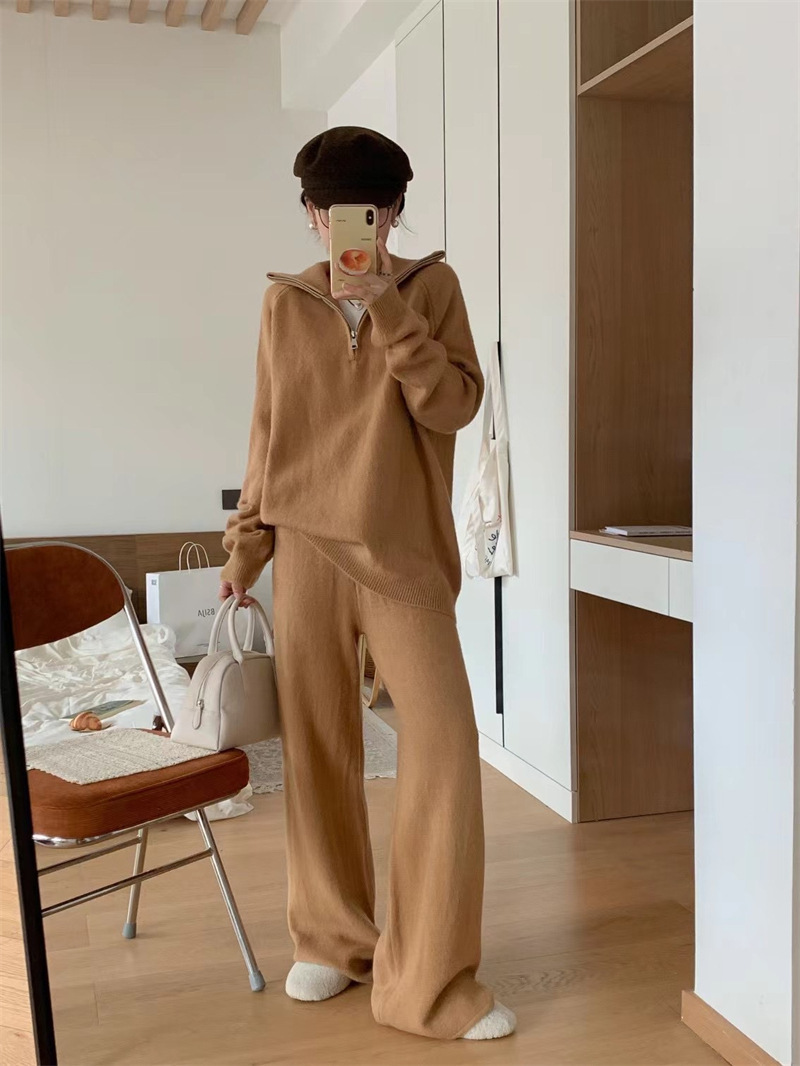 Women’s Korean Style Knit Sweater & Wide Leg Pants Set – Lapel Half-Zip Lounge Suit (One Size, 6 Colors)_voghion.com