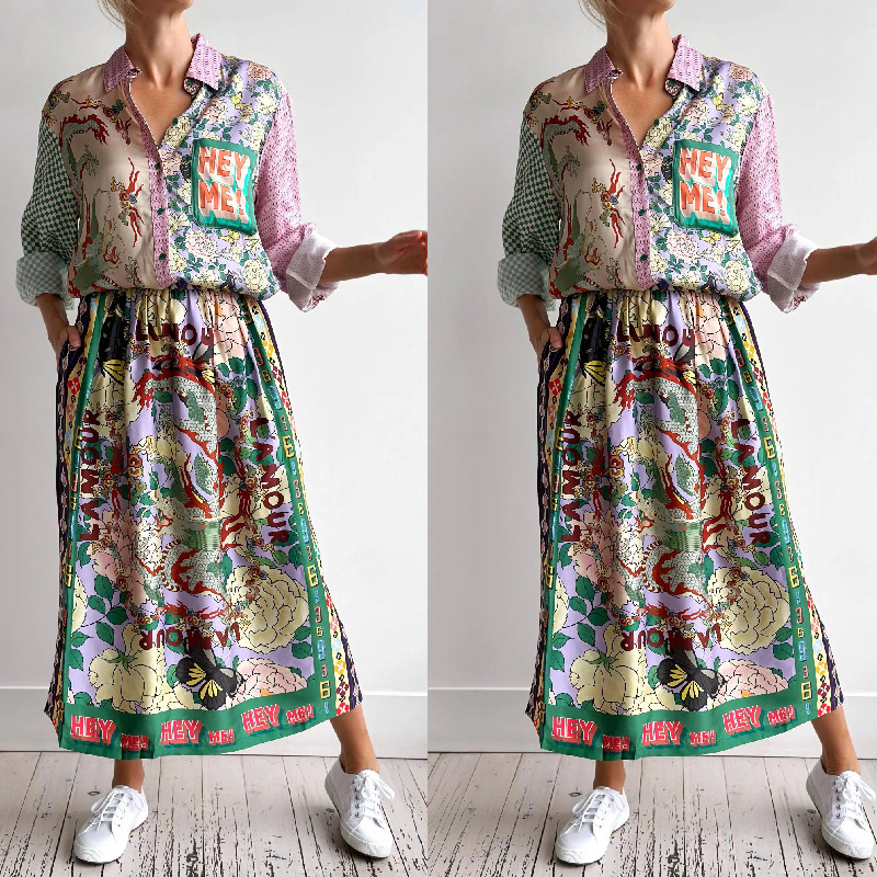 245g Weight Long Sleeve Sleeve Length Skirt Dresses Type Satin Fabric Type Skirt Co-ord Set Sets Type 2 Pieces Set Quantity Casual Occasion Turndown Neckline Regular Fit Fit Type Graffiti Pattern Summer, Spring Season Women's Gender Printing Design Casual Style Casual Women's Casual Graffiti Satin Printing Skirt Co-ord Set Skirt Sets 无
