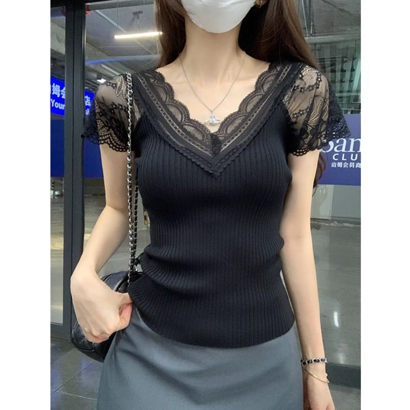 花边V领蕾丝拼接短袖T恤女夏季2025新款修身显瘦简约网红百搭上衣|undefined