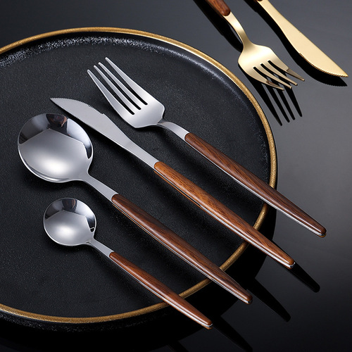 Amazon imitation wooden handle stainless steel steak knife and fork retro Portuguese Western tableware five-piece set dessert spoon and fork