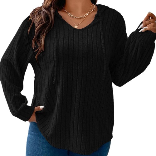 European and American-style spring/autumn solid-color loose-fitting plus-size top with V-neck, hooded design, and long sleeves—crafted from brushed ribbed fabric.