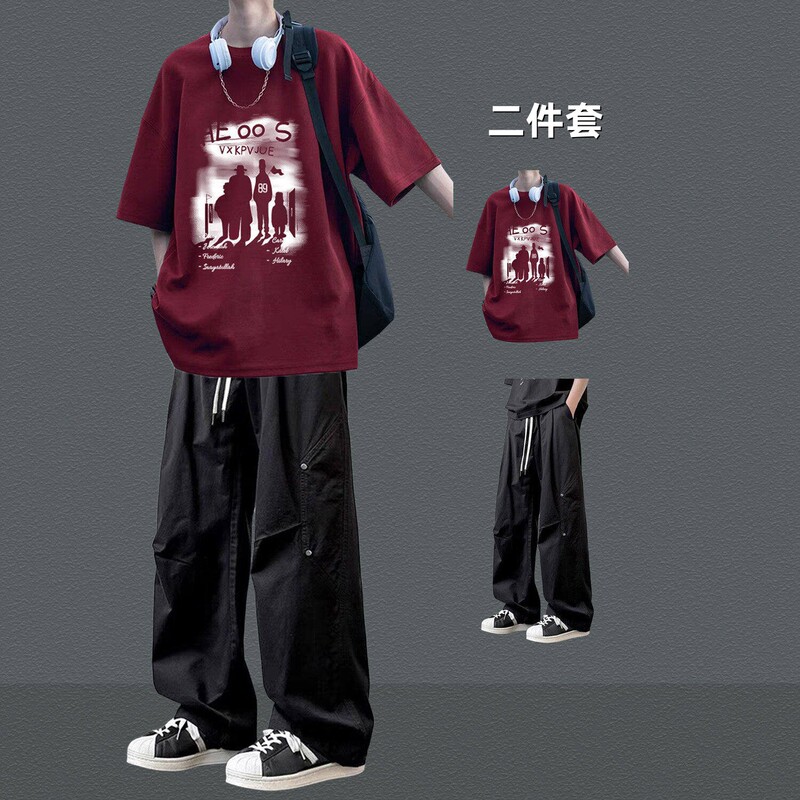 Trendy American-Style Short-Sleeved T-Shirt Suit for Men, Summer Cool and Stylish Loose-Fitting Cargo Pants Set for Teenagers and Students, Two-Piece Outfit