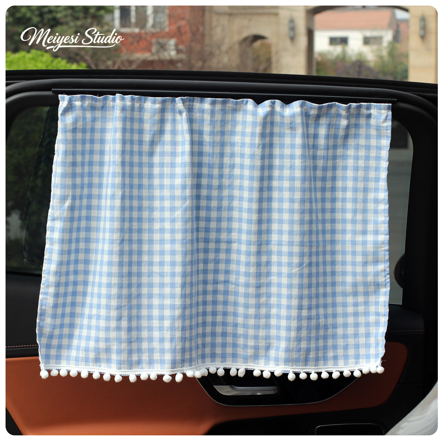Balón de pelo azul y blanco Plaid-Orbita - Cortina
