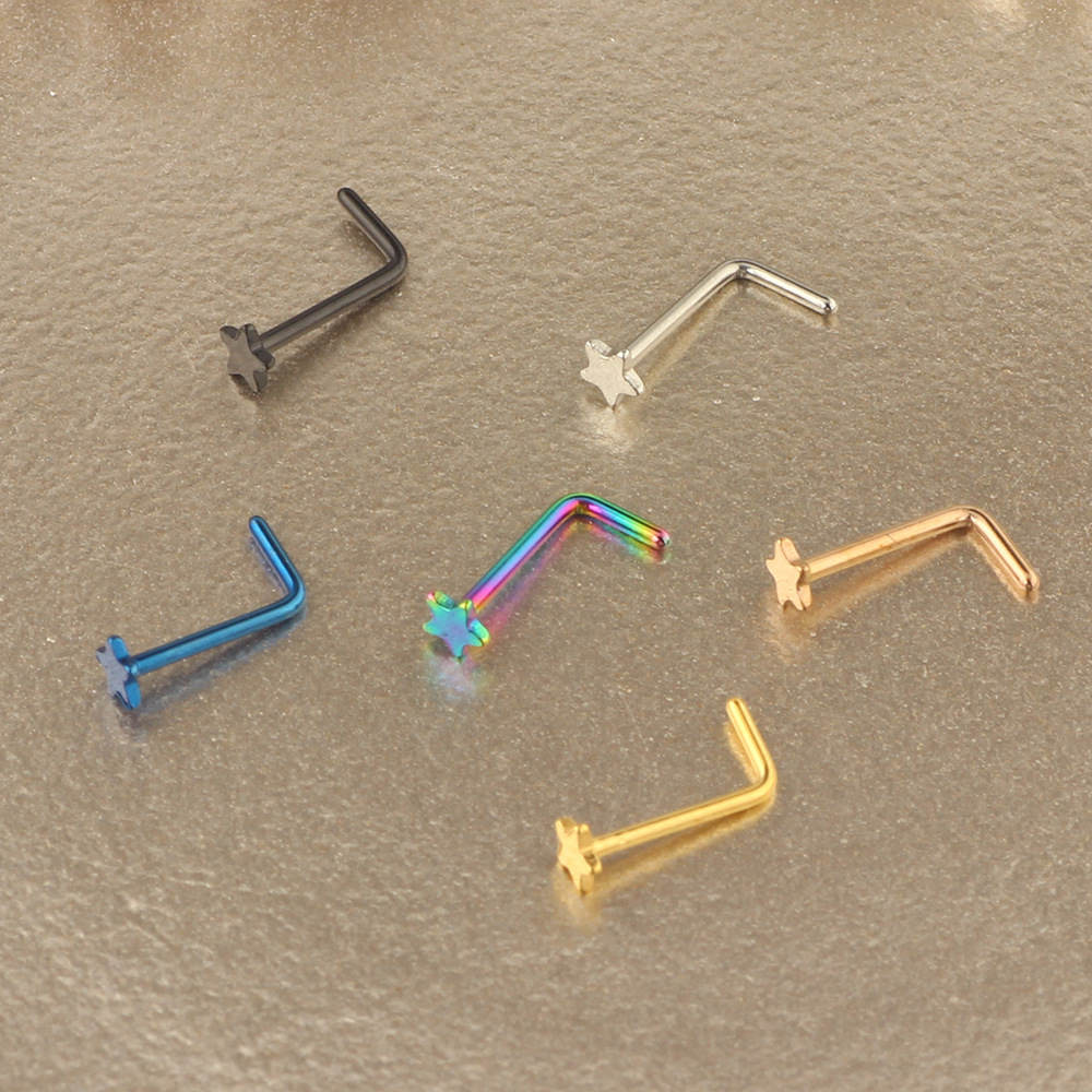 Stainless Steel L-Shaped Nose Nail Five-Pointed Star Curved Rod Nose Ring Piercing Jewelry Nose Stud detail image 7