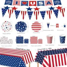 跨境新品美国独立日节日派对装饰横幅套装国旗桌布一次性派对餐具