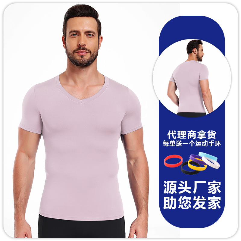 Hombres camiseta de cuello en V ajustado de color sólido de alto elástico camiseta deportiva de base rápida secado transpirable acondicionamiento físico correr baloncesto mangas cortas