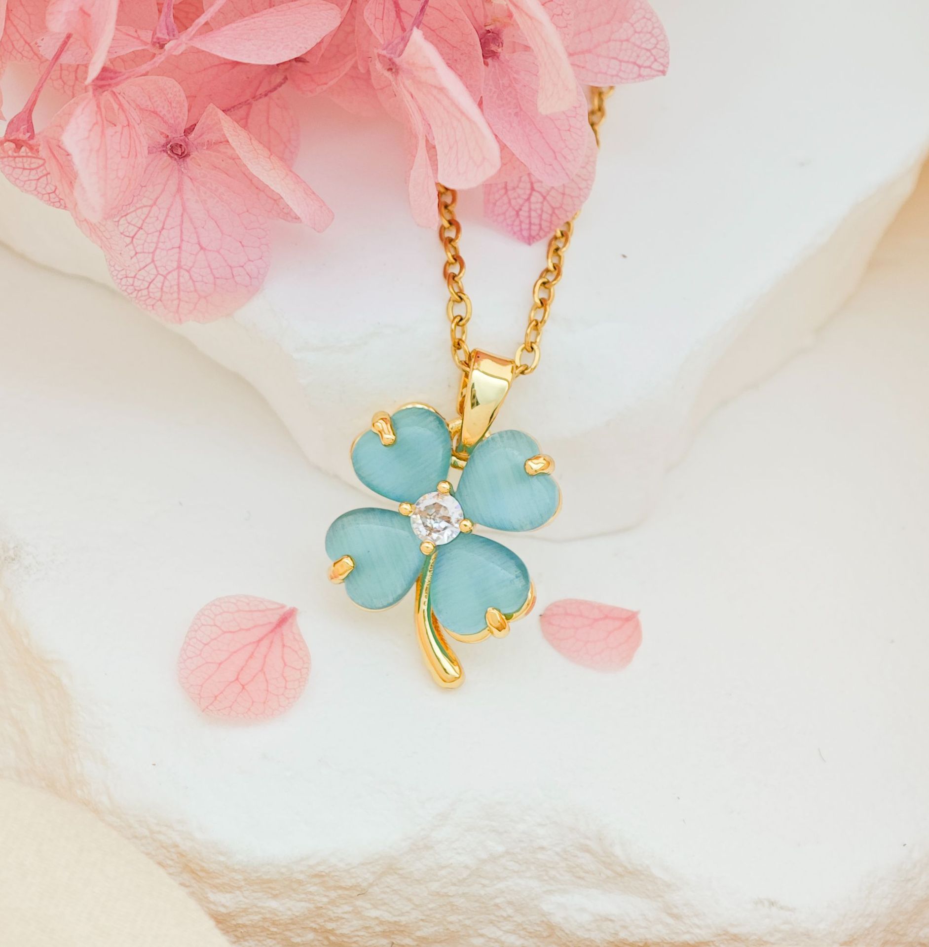 XL293 블루 캣아이 네잎 클로버 목걸이 골드