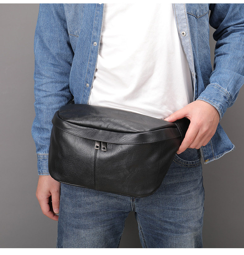 Túi đeo ngực nam da bò lớp đầu thời trang, túi thắt lưng da dung tích lớn chống mài mòn, 26×19×18 cm — Màu cà phê, Màu đen chi tiết 12