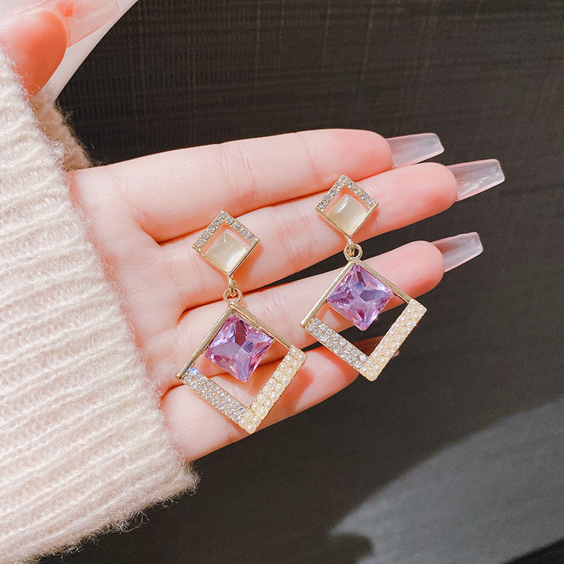 Fashionable blue geometric earrings with zircon