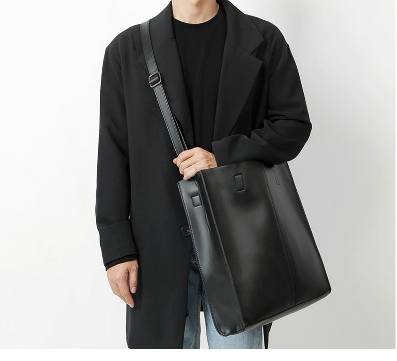 Korean version of fashionable PU leather shoulder bag, simple commuter men's and women's tote bag, square vertical crossbody large-capacity handbag_voghion.com