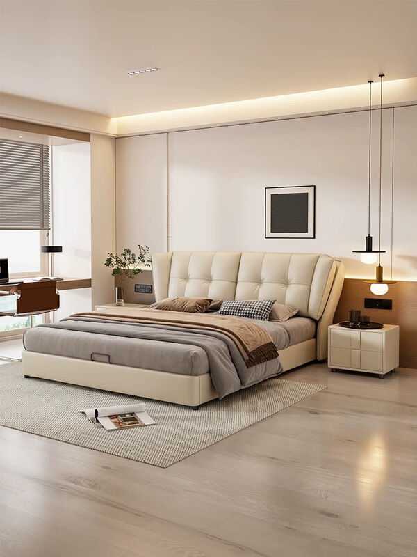 Genuine Leather Bed, Light Luxury Master Bedroom Large Bed, 2025 Modern Simple Solid Wood Bed, Wedding Bed, High-End and Elegant, 1.8m Double Bed