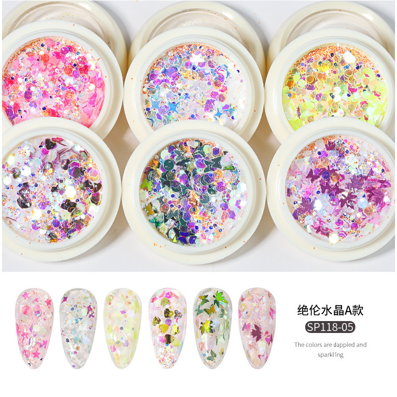 Nuevo set de decoración de uñas con purpurina de 6 colores, purpurina mixta con efecto láser degradado, purpurina para decoración de uñas con efecto ojo de hada