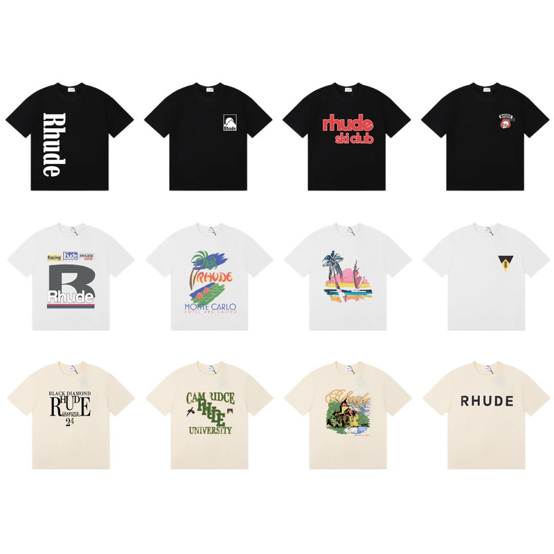 25Ss Cross-Border European and American Trendy Brand Rhude Character Coconut Tree Letter Print American Trendy Short-Sleeved T-Shirt for Men and Women 25Ss Cross-Border European and American Trendy Brand Rhude Character Coconut Tree Letter Print American Trendy Short-Sleeved T-Shirt for Men and Women