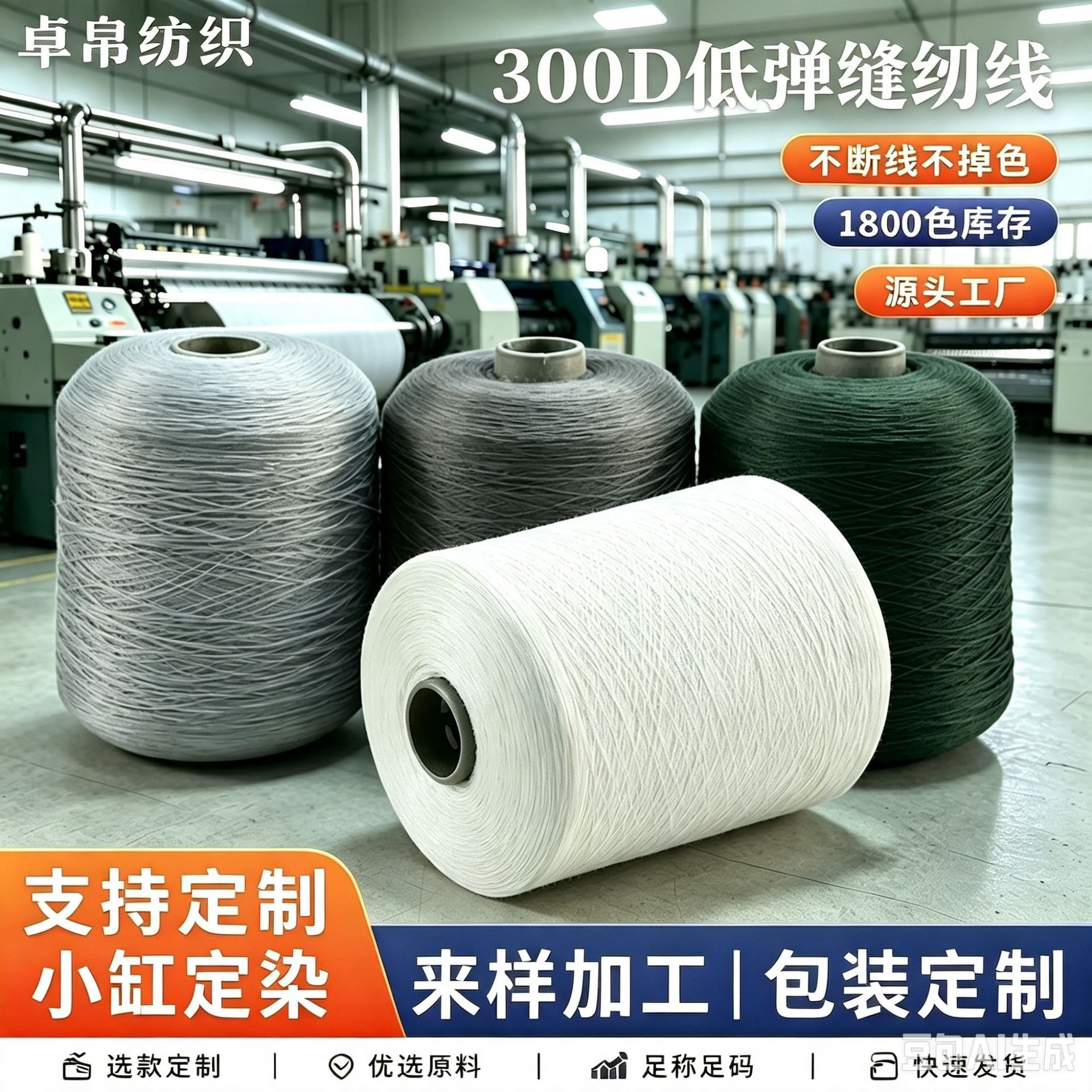 小缸定制300D低弹丝缝纫线经编织带机织加工线罗纹带服装拷边线