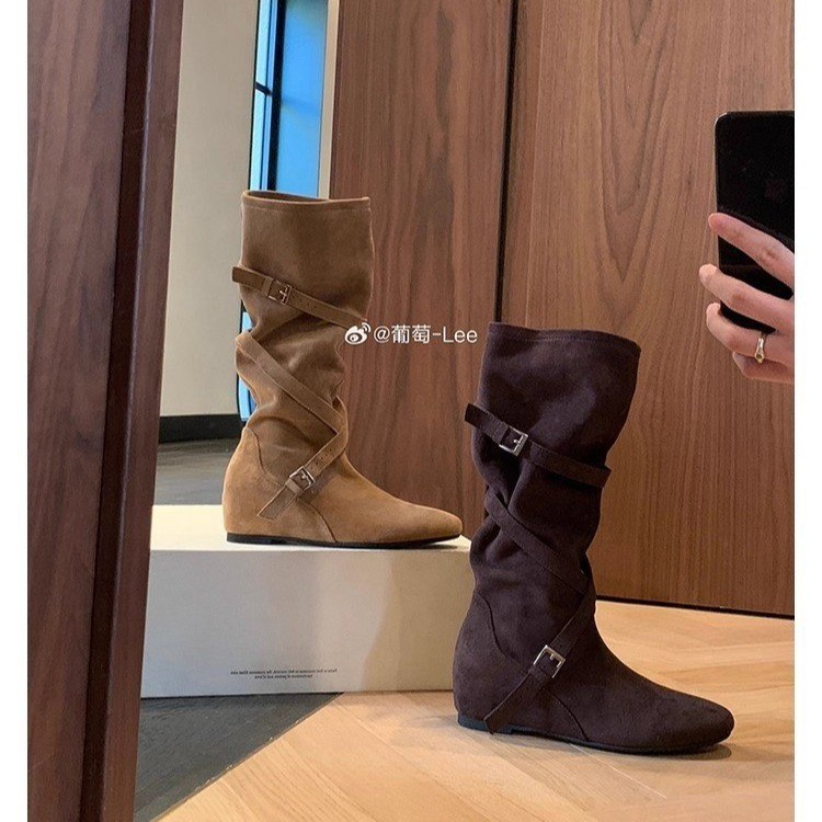 Retro Cross-Buckle Western Cowboy Boots for Women Autumn New Soft Pleated Pile Boots Mid-Calf Boots French Style