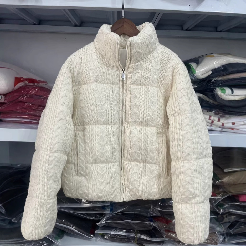 跨境货源外贸女装批发欧美风简约百搭立领拉链针织棉服外套潮流