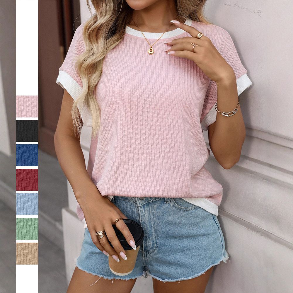 2026 New Summer Amazon Cross-Border European and American Clothing Round Neck Knitted Top Short-Sleeved Color Matching Loose T-Shirt