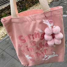 韩版休闲粉色少女通勤帆布包2024新款今年流行字母刺绣布单肩包