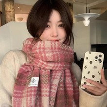 冬季围巾女2025新款韩版高级感情侣围脖加厚保暖玫瑰粉格子学生男