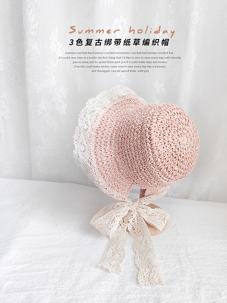 children Straw hat summer Visor Korean Edition Travel? Parenting Sunscreen Straw hat Lace lace ventilation Hand-knitted Hat