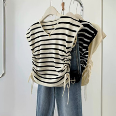 Striped V-neck Drawstring Ice-Silk Knit T-shirt 2024 Summer New Design, Off-Shoulder, Slim-Fit Short-Sleeve Top for Women