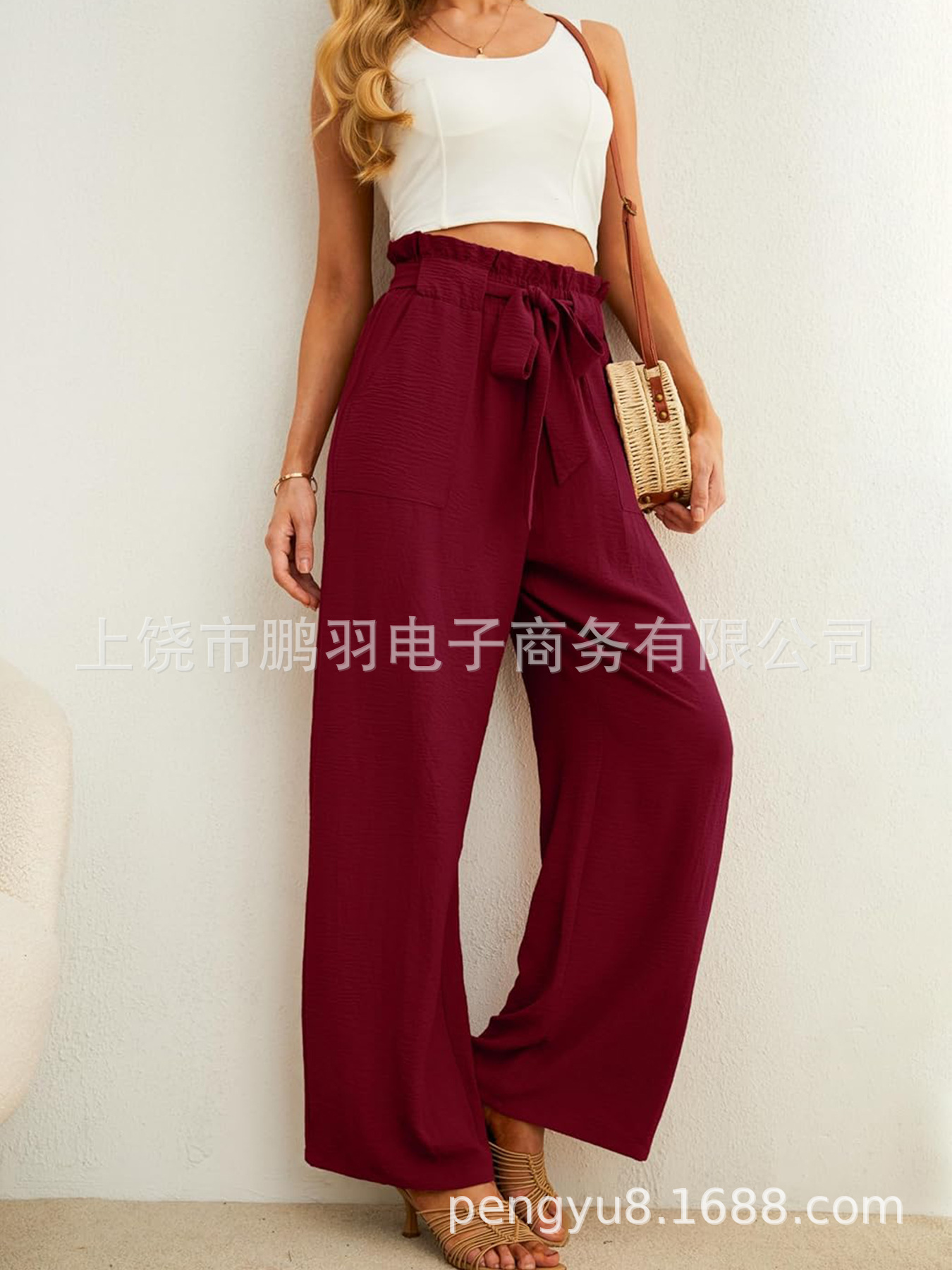 2025 ropa de mujer de cintura alta brotes de flores correa de cintura pantalones de piernas anchas pantalones casuales multicolores delgados comercio exterior al por mayor pantalones de flores image 4