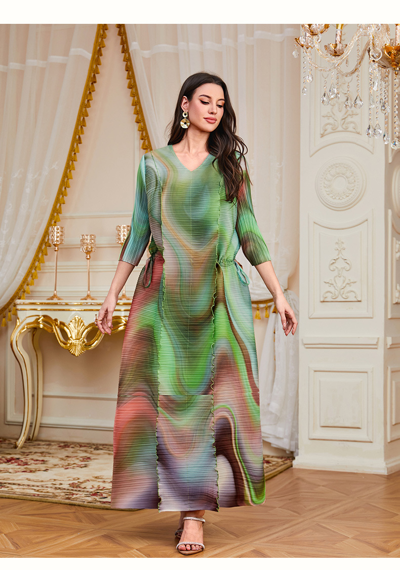 Middle Eastern Muslim Women's Clothing Foreign Trade: Saudi Arabia Dubai Printed Long Robe Abaya With Waist-Cinching_ecoleips.com