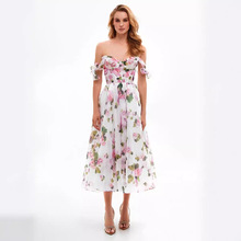 新款春夏露肩欧美女装时尚欧根纱仙气中款气质晚礼服连衣裙