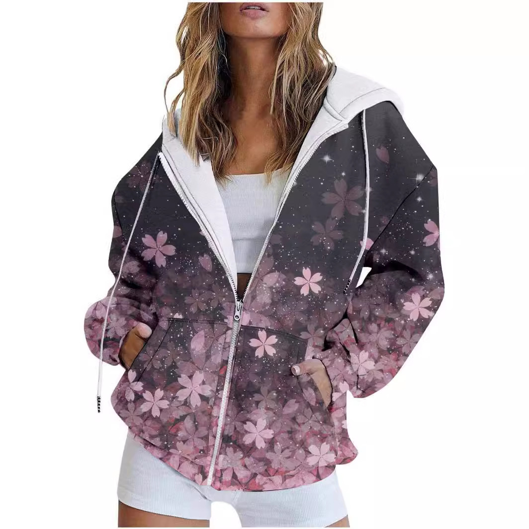Foreign Trade Cross-border Amazon Autumn Women's New European and American 3D Digital Printing Casual Zipper Hooded Jacket Sweatshirt