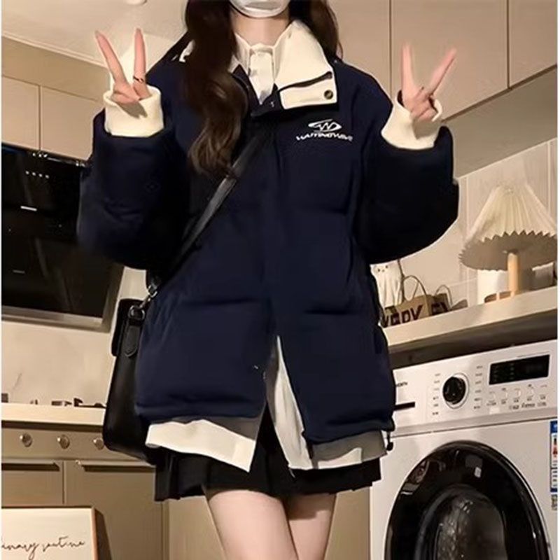 韩版学院风羽绒服拼色设计感刺绣三条杠条纹冬立领加厚保暖面包服