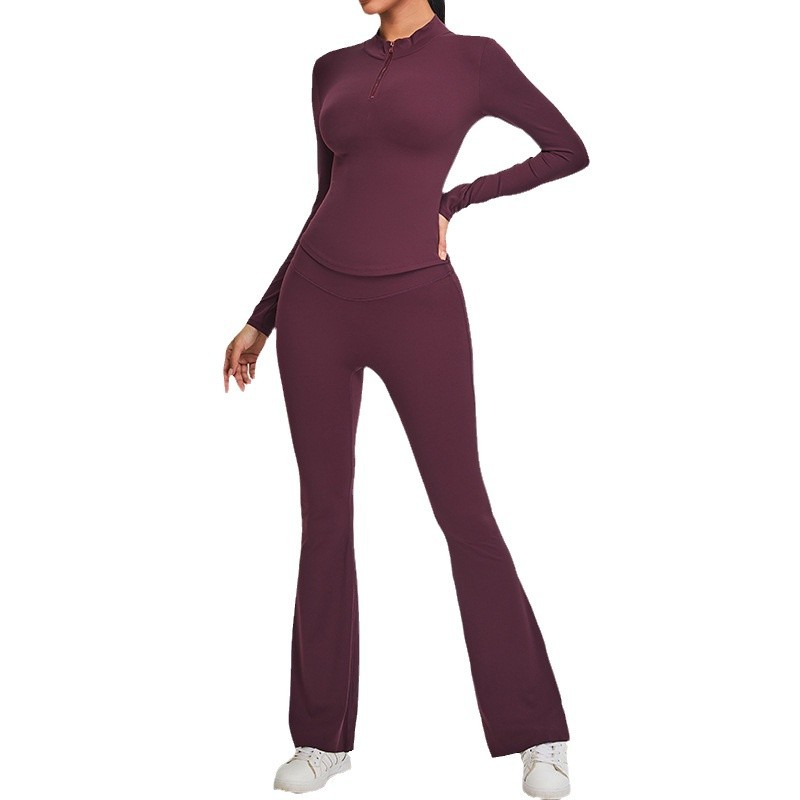 Cross-border nuevo ajuste de yoga delgado y delgado mujer media cremallera camiseta deportiva camiseta de piernas anchas