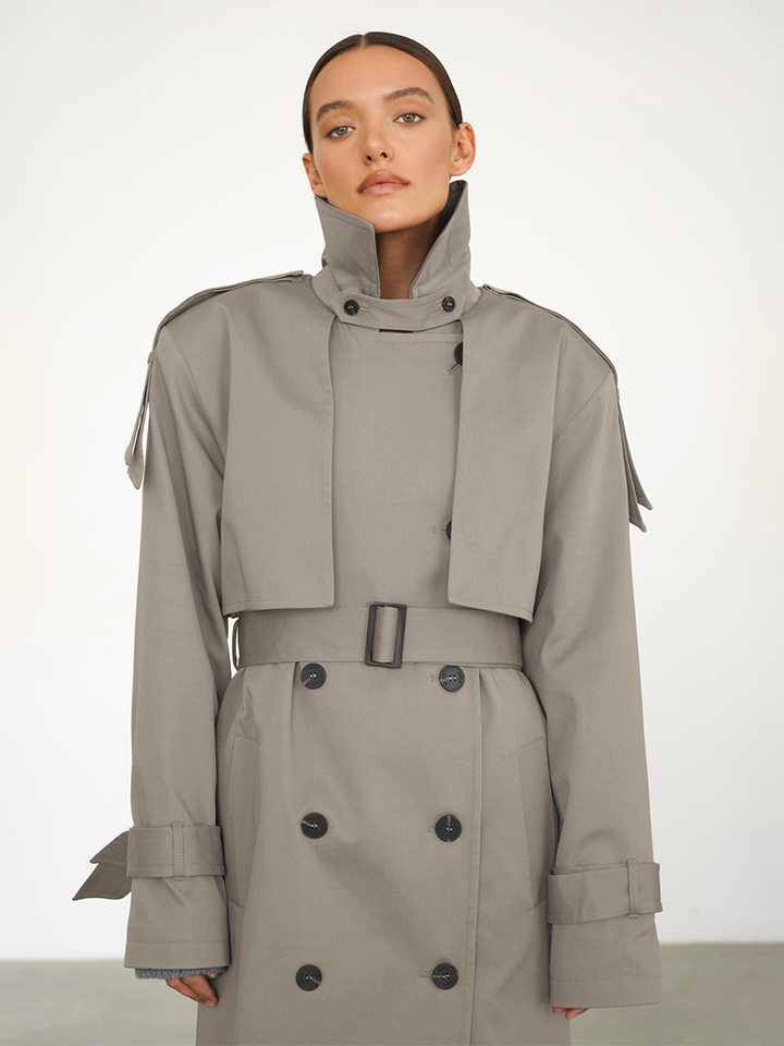 Áo khoác trench coat nữ dáng dài phong cách Âu Mỹ, chất liệu cotton, form rộng có dây thắt eo — Màu kaki, màu xám chi tiết 43