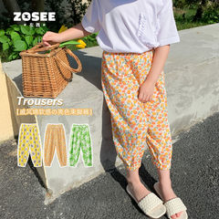 Children's Summer Retro Floral Print Medium-Waist Loose Hem Universal Mosquito-Proof Air Conditioning Pants Casual Pants Korean Version New Arrival