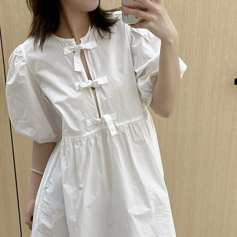 Scandinavian Niche 2024 Spring and Summer Multi-Color Knotted Round Neck Cotton Loose Holiday Dress for Women Scandinavian Niche 2024 Spring and Summer Multi-Color Knotted Round Neck Cotton Loose Holiday Dress for Women