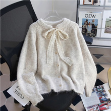 设计感蕾丝系带毛衣开衫女2025新款春秋季慵懒风加厚软糯针织外套