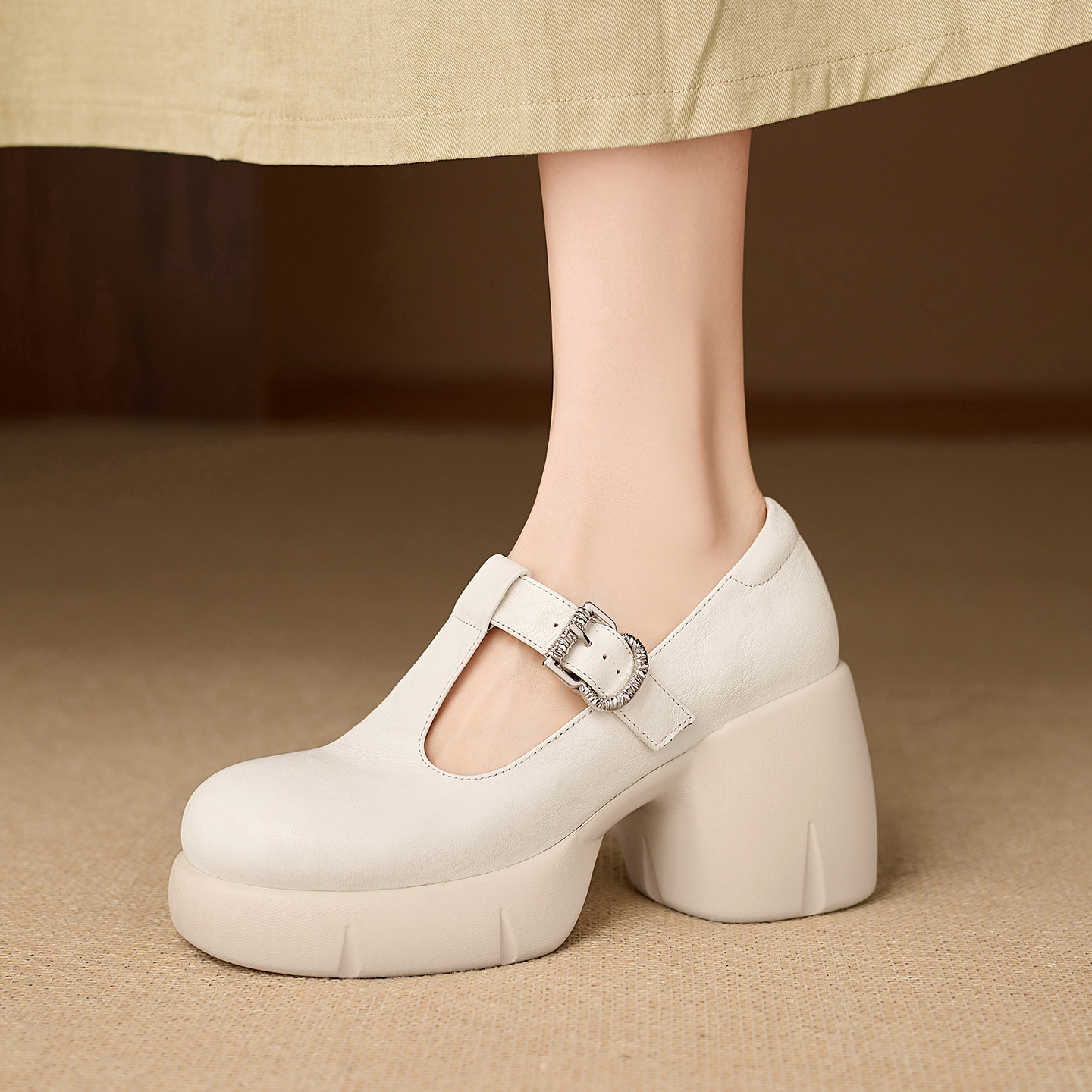 Giày Mary Jane nữ da cừu cao cấp gót vuông 8 cm quai ngang khóa chữ T — màu đen
