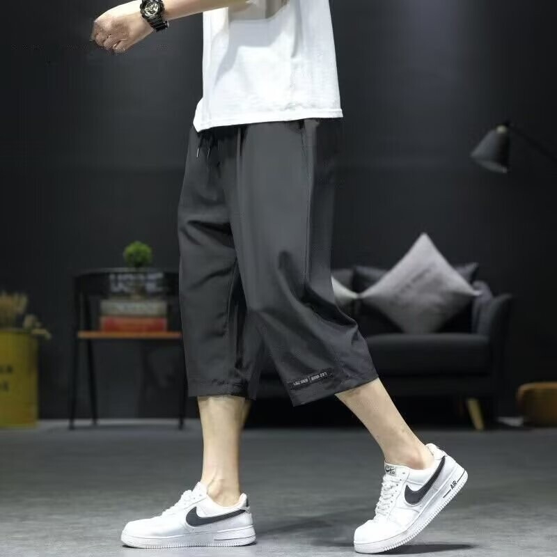Cropped Pants Men's Summer Thin Ice Silk Casual Pants Men's Loose Sports Shorts Workwear Trendy Cropped Pants