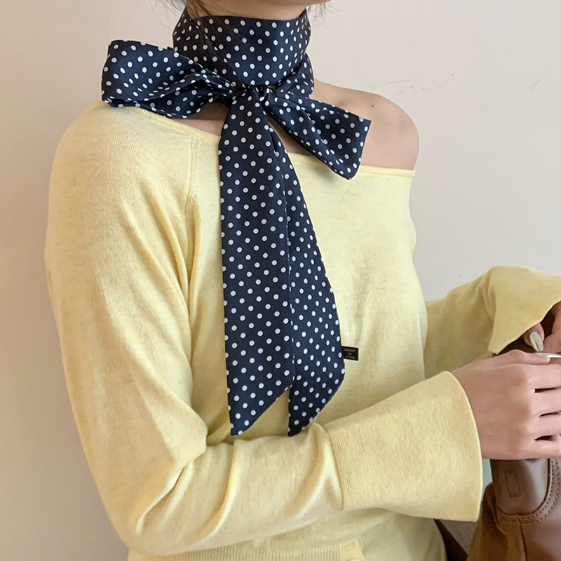 Pañuelo, bufanda de seda, tira larga, estilo de primavera y verano de alta calidad, lunares de moda, esquinas afiladas, bolsa de toalla de seda para mujer, cinturón multiusos