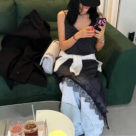 现H韩国东大门同款flaunt25年夏季蕾丝斜边格子不规则吊带裙连衣