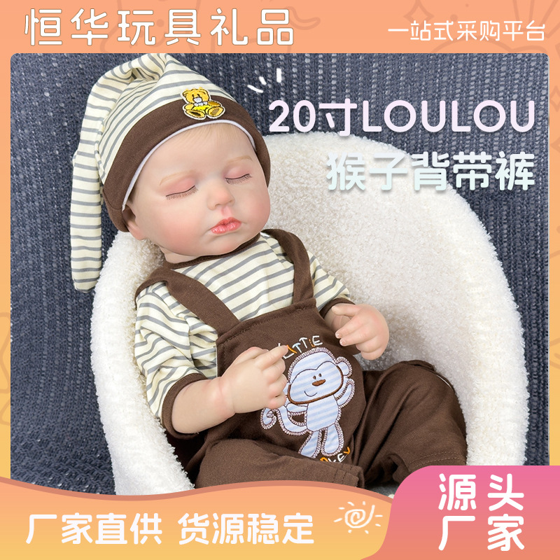 Explosiones transfronterizas de 20 pulgadas de alta calidad, muñeca de monos renacida, pantalones de cinturón, ojos cerrados, ropa simulada para bebés